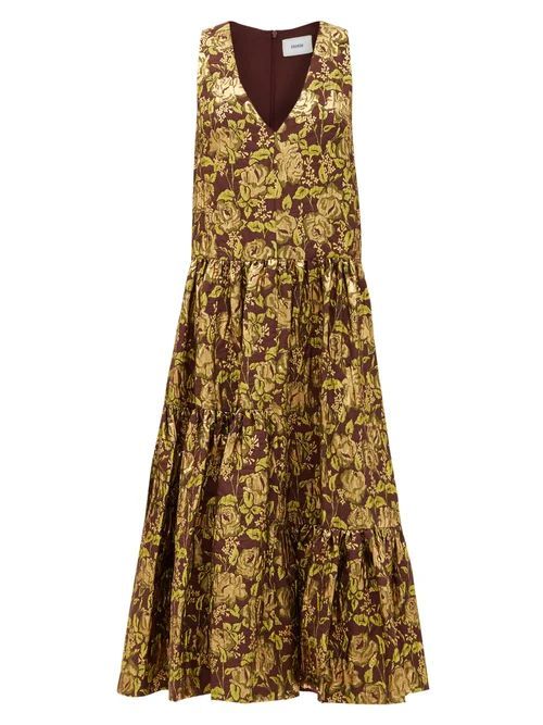 Mimosa Tiered Floral-jacquard Dress - Womens - Burgundy Gold