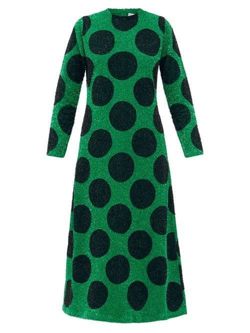 Polka-dot Sequinned Cotton-poplin Longline Dress - Womens - Black Green