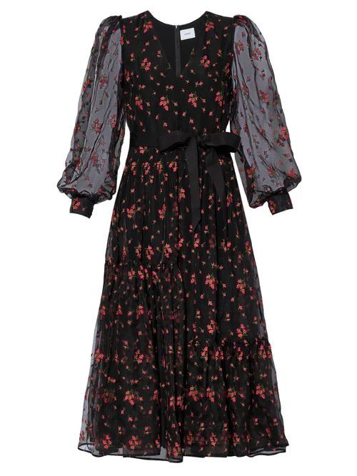 Lucina Floral-embroidered Organza Dress - Womens - Black Red