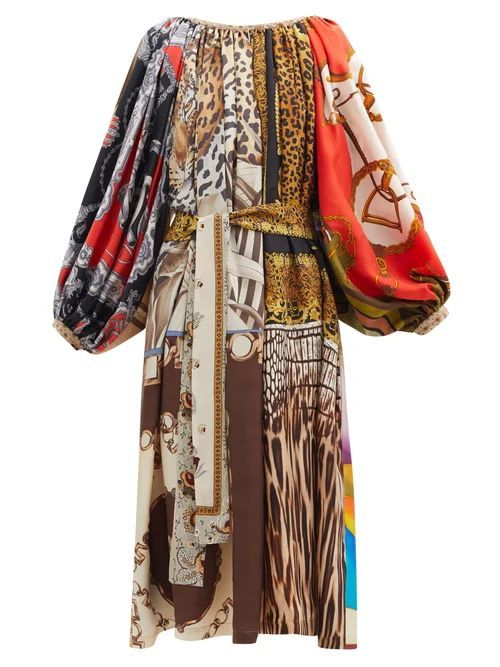 Patchwork Gathered-neck Vintage-silk Dress - Womens - Multi