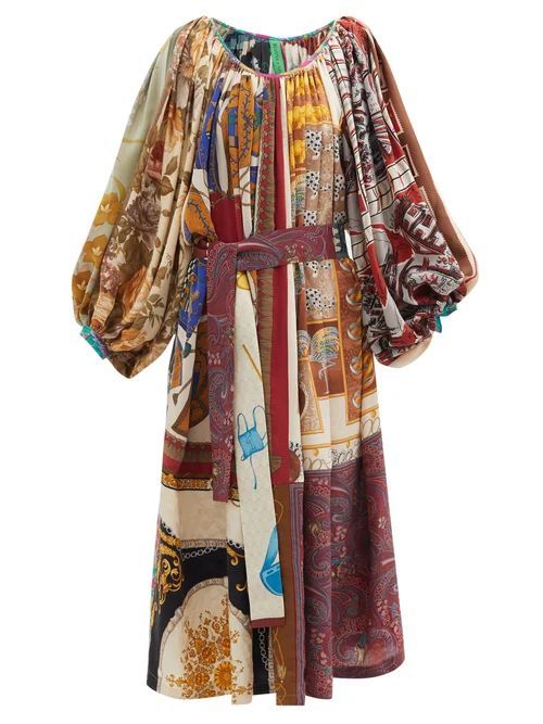 Patchwork Gathered-neck Vintage-silk Dress - Womens - Multi