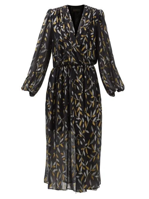 Metallic Leaf-embroidered Silk-blend Chiffon Dress - Womens - Black Gold