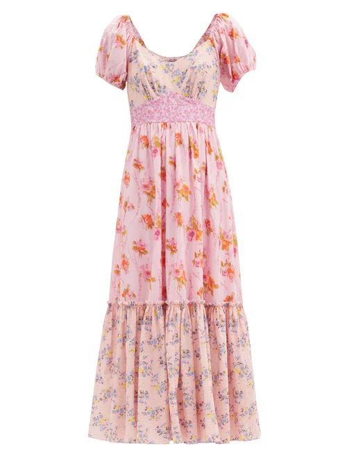Loveshackfancy - Angie Patchwork Floral-print Cotton Midi Dress - Womens - Pink Print