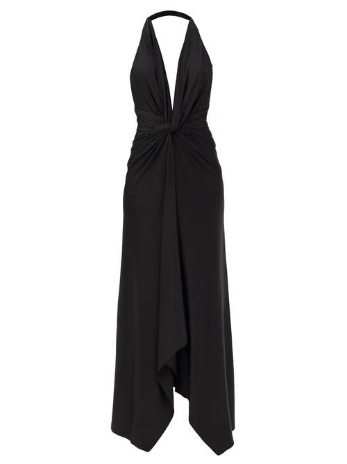 Plunge-neck Gathered Jersey Midi Dress - Womens - Black