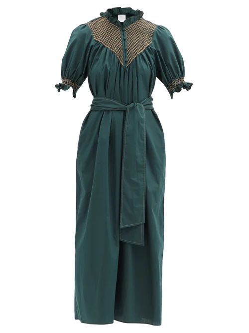 Loretta Caponi - Elena High-neck Smocked Cotton Dress - Womens - Dark Green