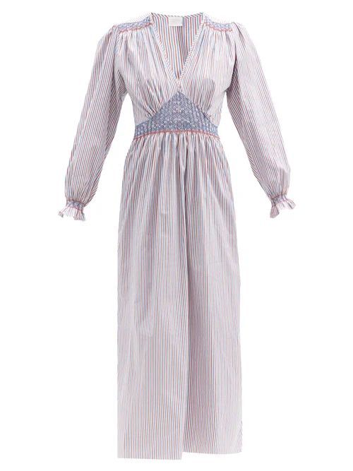 Loretta Caponi - Anna Striped Cotton-poplin Midi Dress - Womens - Blue Stripe