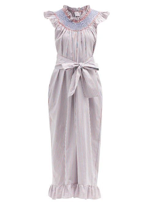 Loretta Caponi - Delfina Smocked Striped Cotton Maxi Dress - Womens - Blue Stripe