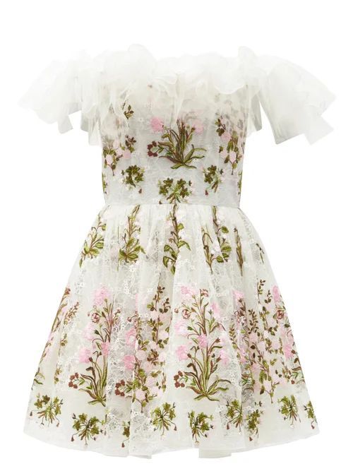 Off-the-shoulder Floral-tulle Mini Dress - Womens - White Multi