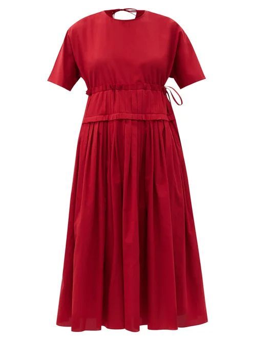 Pleated-waist Cotton-gauze Midi Dress - Womens - Red