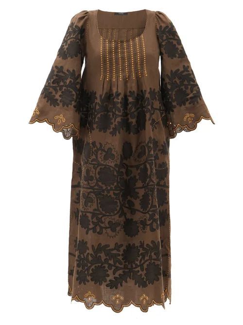 Mathilde Hand-embroidered Linen Dress - Womens - Brown Multi