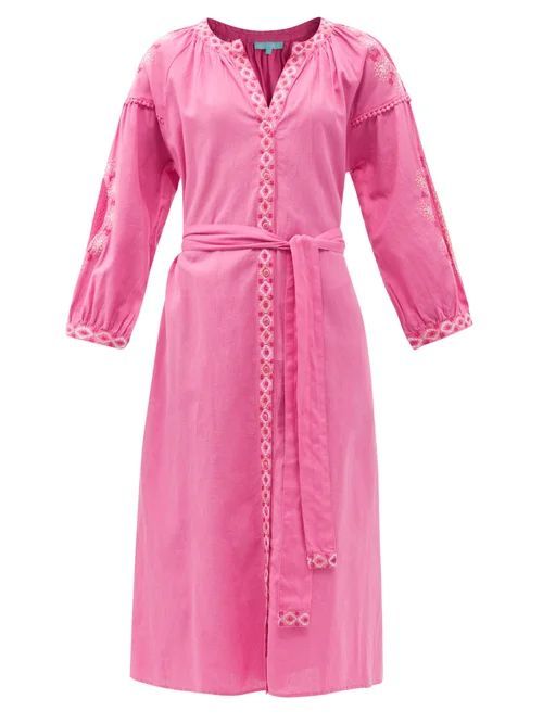 Melanie Belted Embroidered Cotton-blend Dress - Womens - Pink White