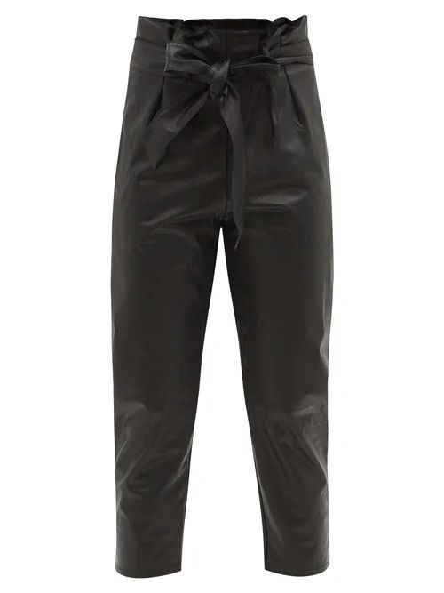 Paperbag-waist Faux-leather Trousers - Womens - Black