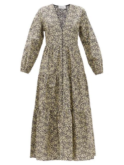 Matteau - The Long Sleeve Button Organic-cotton Maxi Dress - Womens - Black Print