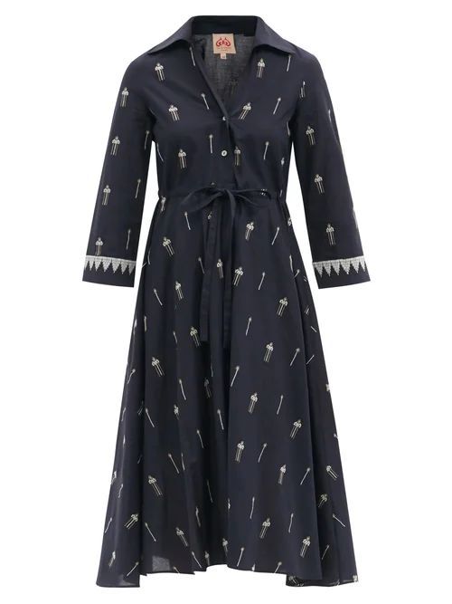 Lucy Floral-embroidered Cotton Midi Shirt Dress - Womens - Navy