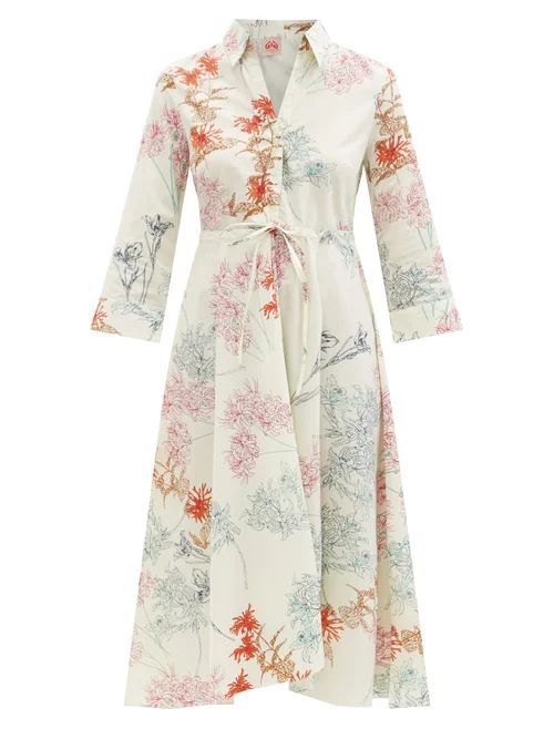 Lucy Spring Flowers-print Cotton Midi Shirt Dress - Womens - Green Print
