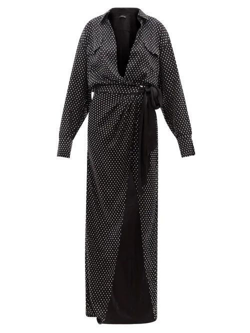 Plunge-neck Crystal-embellished Satin Wrap Dress - Womens - Black Silver
