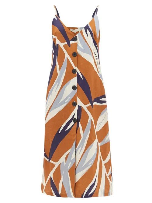 Luisa Leaf-print Linen Midi Dress - Womens - Orange Multi