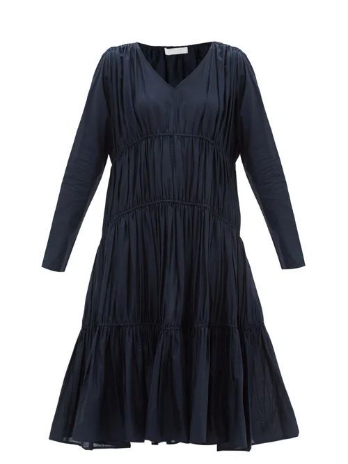Ophelia Shirred Cotton-lawn Midi Dress - Womens - Navy