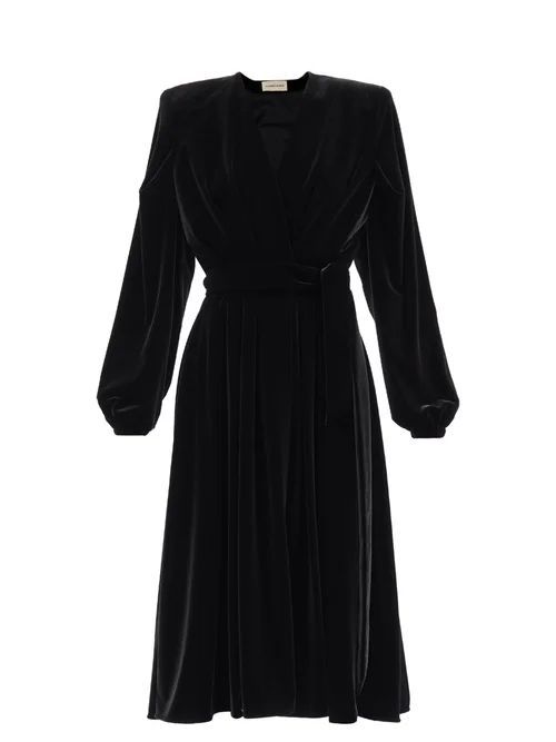 Padded-shoulder V-neck Velvet Wrap Dress - Womens - Black