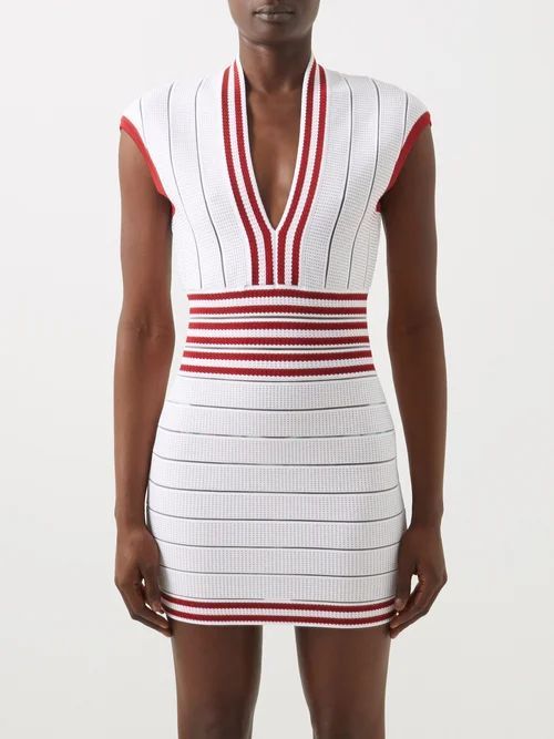 Plunge Striped Knit Mini Dress - Womens - Red Stripe