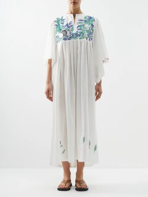 Lovers Of Garden Embroidered Cotton-voile Dress - Womens - Green Blue