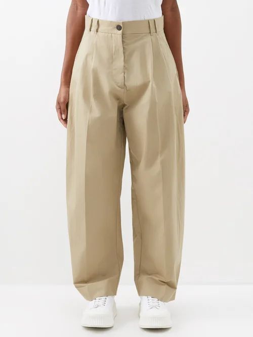 Nika Curved-leg Cotton-blend Twill Trousers - Womens - Camel