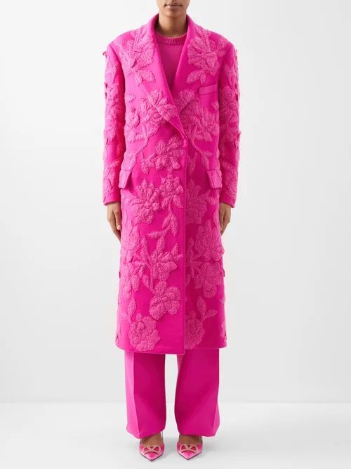 Oblique-front Floral-appliqué Wool-blend Overcoat - Womens - Pink