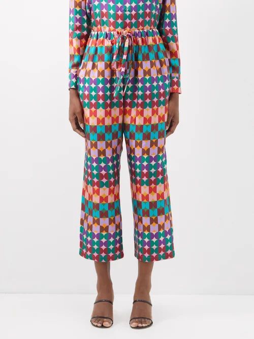 Mezzaluna Rainbow-print Silk-twill Trousers - Womens - Orange Multi