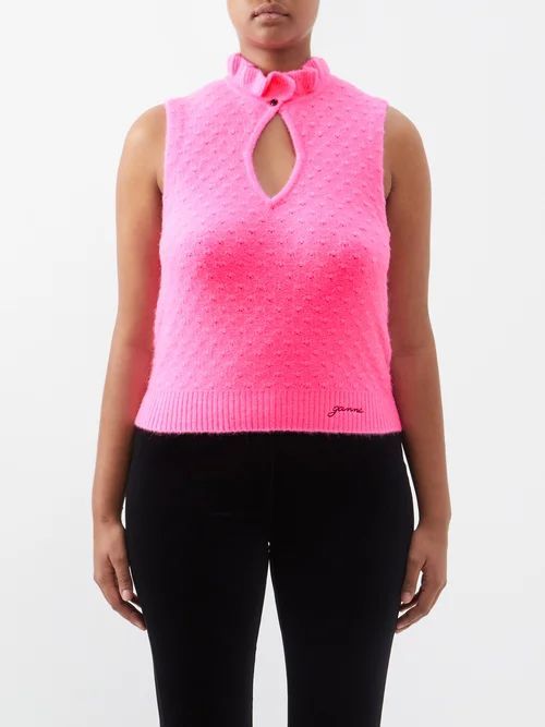 Ruffle-neck Polka Dot-knitted Top - Womens - Bright Pink