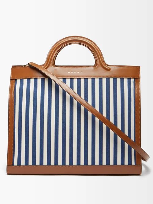 Summer Striped-canvas And Leather Tote - Womens - Blue Stripe