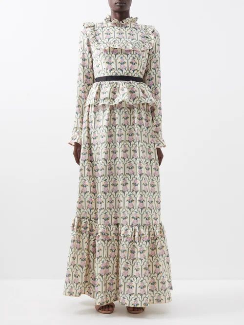 Sesamo Ruffled Printed-linen Maxi Dress - Womens - Pink Print