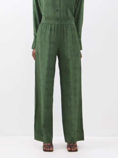 Snakeskin-print Silk Trousers - Womens - Green