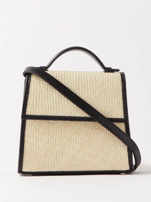 Small Leather-trim Woven-iraca Handbag - Womens - Black Beige