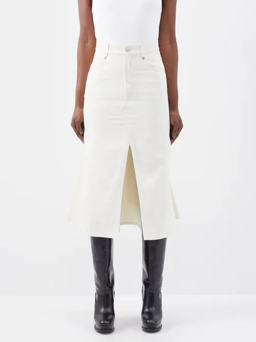 Slit-front Flared Denim Midi Skirt - Womens - Ivory