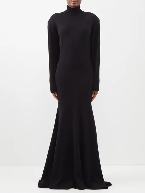 Roll-neck Flared-hem Cashmere Sweater Dress - Womens - Black
