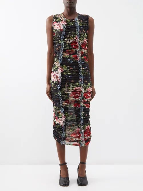 Tullia Ruffled Floral-print Mesh Midi Dress - Womens - Black Multi