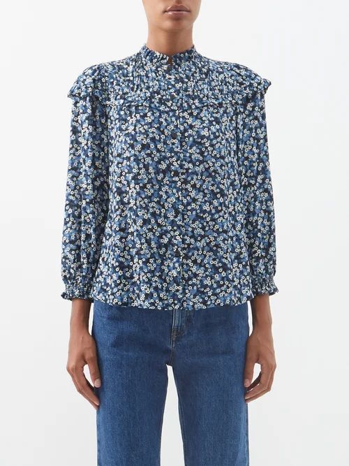 The Iona Eloise Frilled Floral-print Crepe Blouse - Womens - Blue Multi
