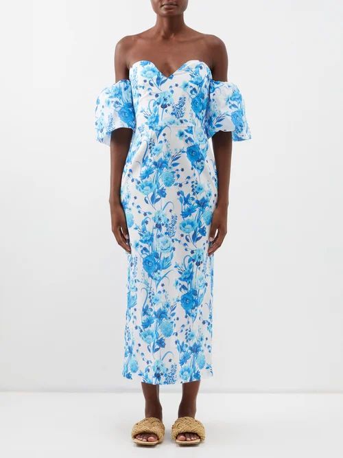 Tati Off-the-shoulder Floral-print Linen Dress - Womens - Blue White