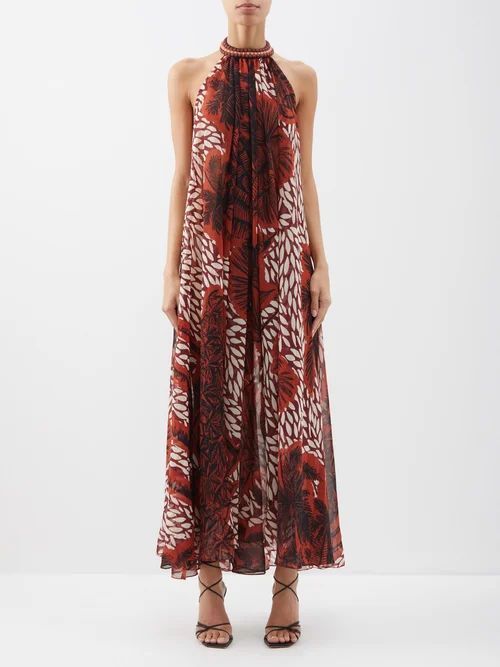 Victoria Falls-print Crepe Maxi Dress - Womens - Black Burgundy