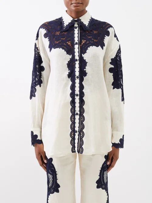 Tiggy Lace-panelled Linen Shirt - Womens - Navy White