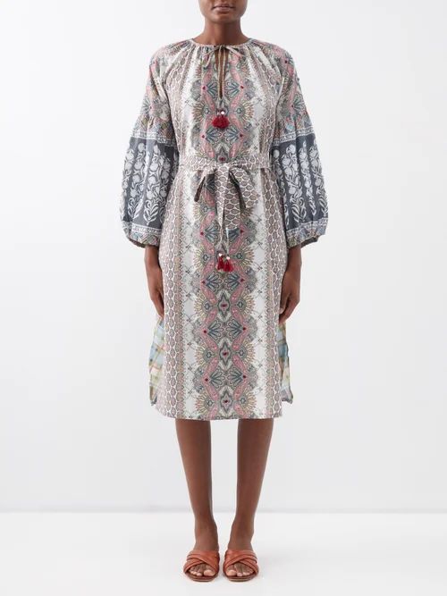 Tula Paisley-print Cotton-khadi Belted Dress - Womens - Grey Print