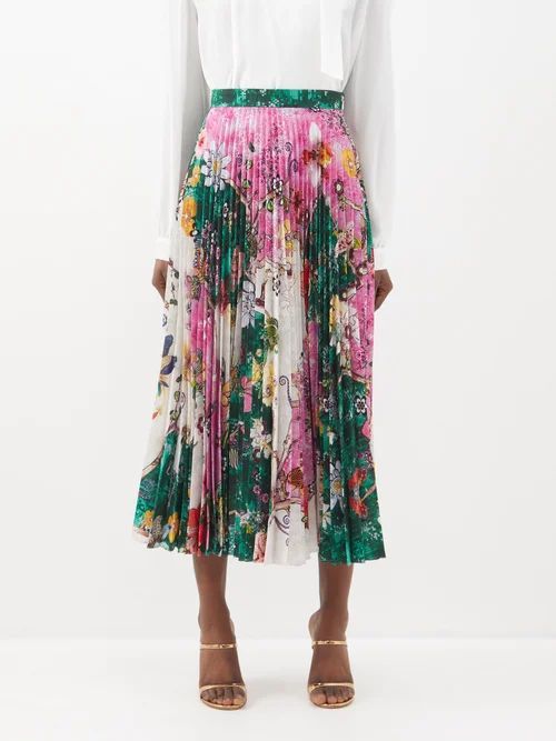 Sequin And Floral-print Pleated-satin Midi Skirt - Womens - Multi