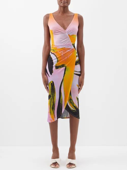 Summer Solstice Cassia-print Jersey Midi Dress - Womens - Orange Multi