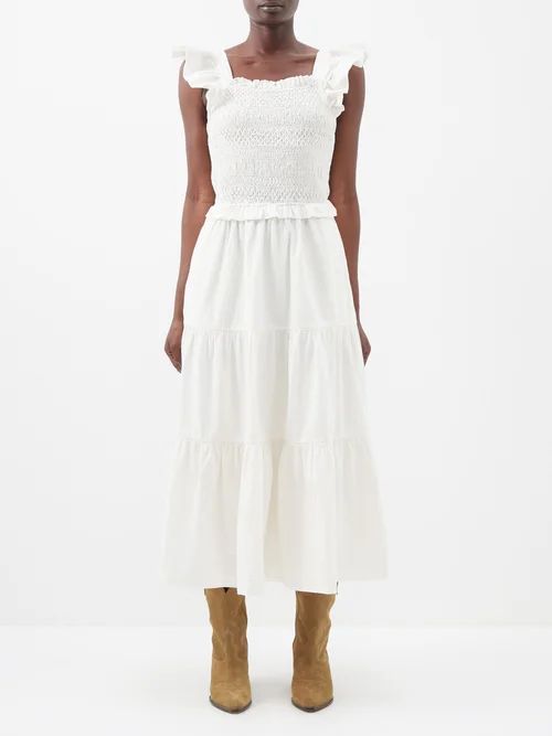 Simona Smocked Cotton-lawn Midi Dress - Womens - White