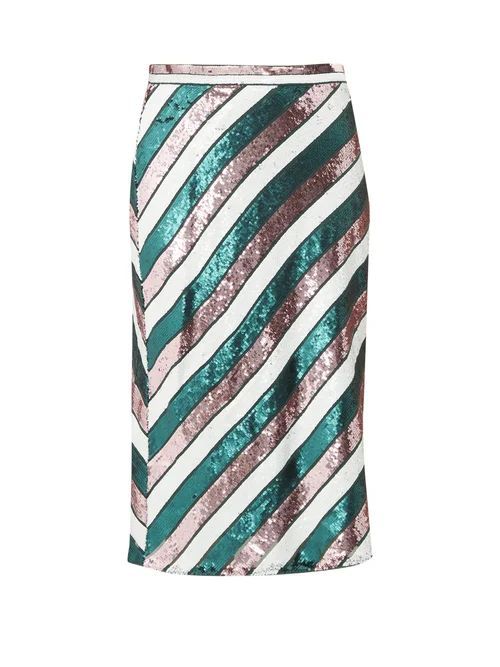 Sequin-striped Bias-cut Skirt - Womens - Green Multi