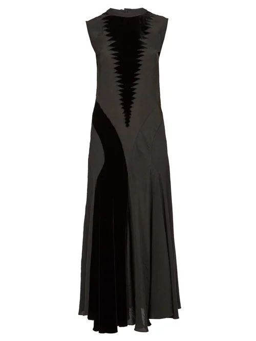 Velvet-panelled Crepe Maxi Dress - Womens - Black