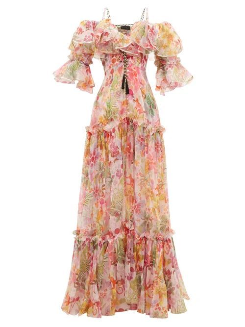 Ruffled Pleated Floral-print Silk-organza Dress - Womens - Multi