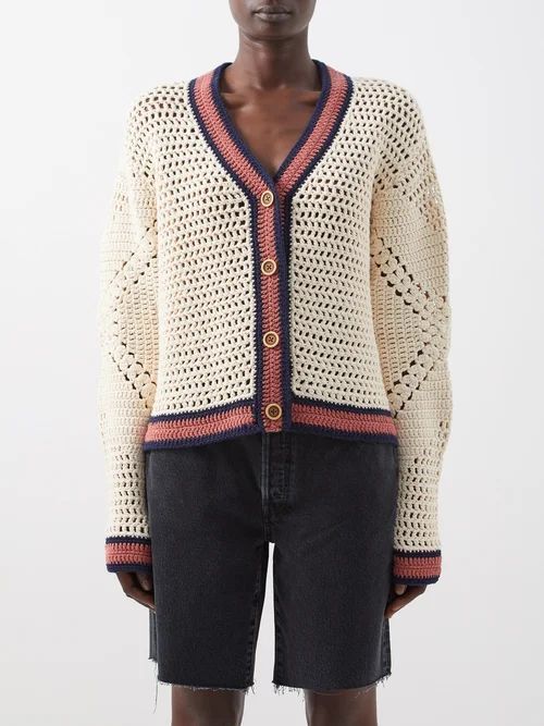 V-neck Crocheted Cotton Cardigan - Womens - Cream Multi
