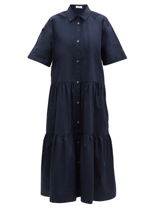 Tiered Cotton-sateen Midi Shirt Dress - Womens - Navy