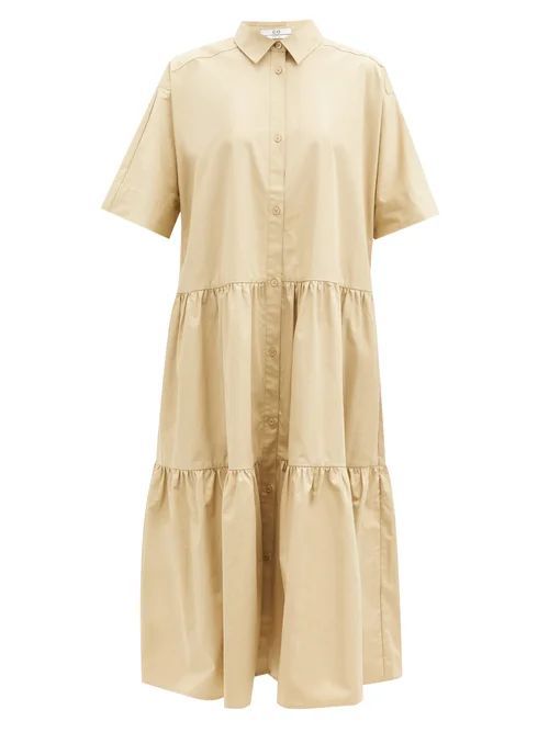Tiered Cotton-sateen Midi Shirt Dress - Womens - Camel